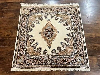 Square Kirman Rug 4x4 Handmade Semi Antique Handmade Wool Square Carpet Cream